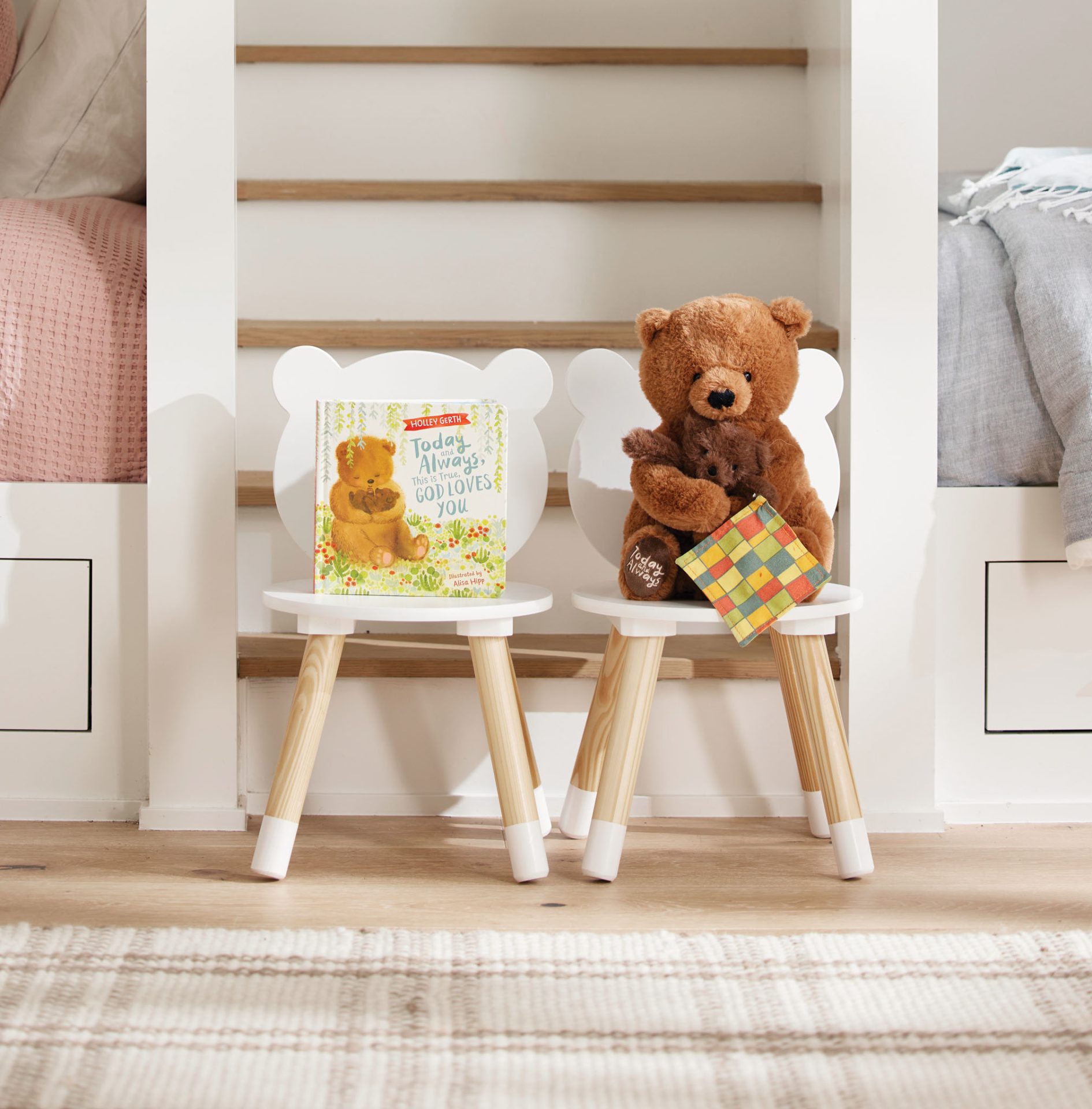 book and bear on little kid stools